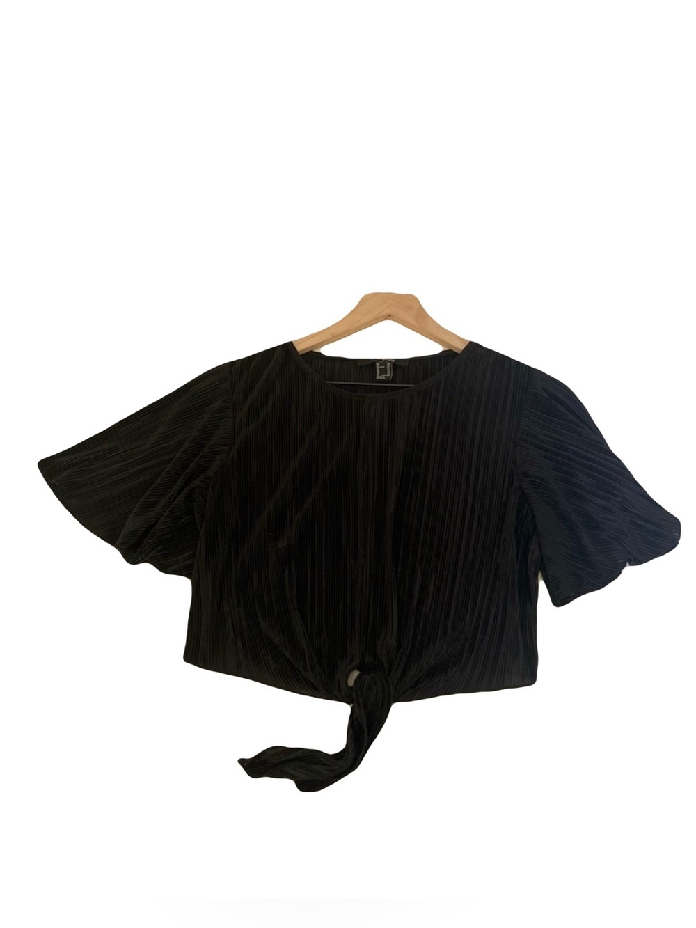 Y2K Cropped Tie Front Top - Women’s XS Black - Ribbed Flutter Sleeve